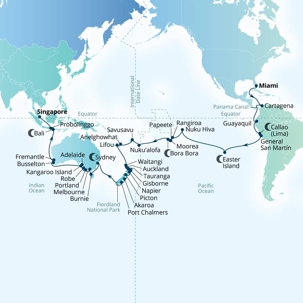 Seabourn Quest 82-day Miami, Florida, US to Singapore itinerary map, January 7-March 31 2029
