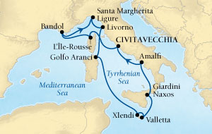 LUXURY CRUISES FOR LESS Seabourn Sojourn Cruise Map Detail Civitavecchia (Rome), Italy to Civitavecchia (Rome), Italy July 25 August 5 2024 - 11 Days - Voyage 5539