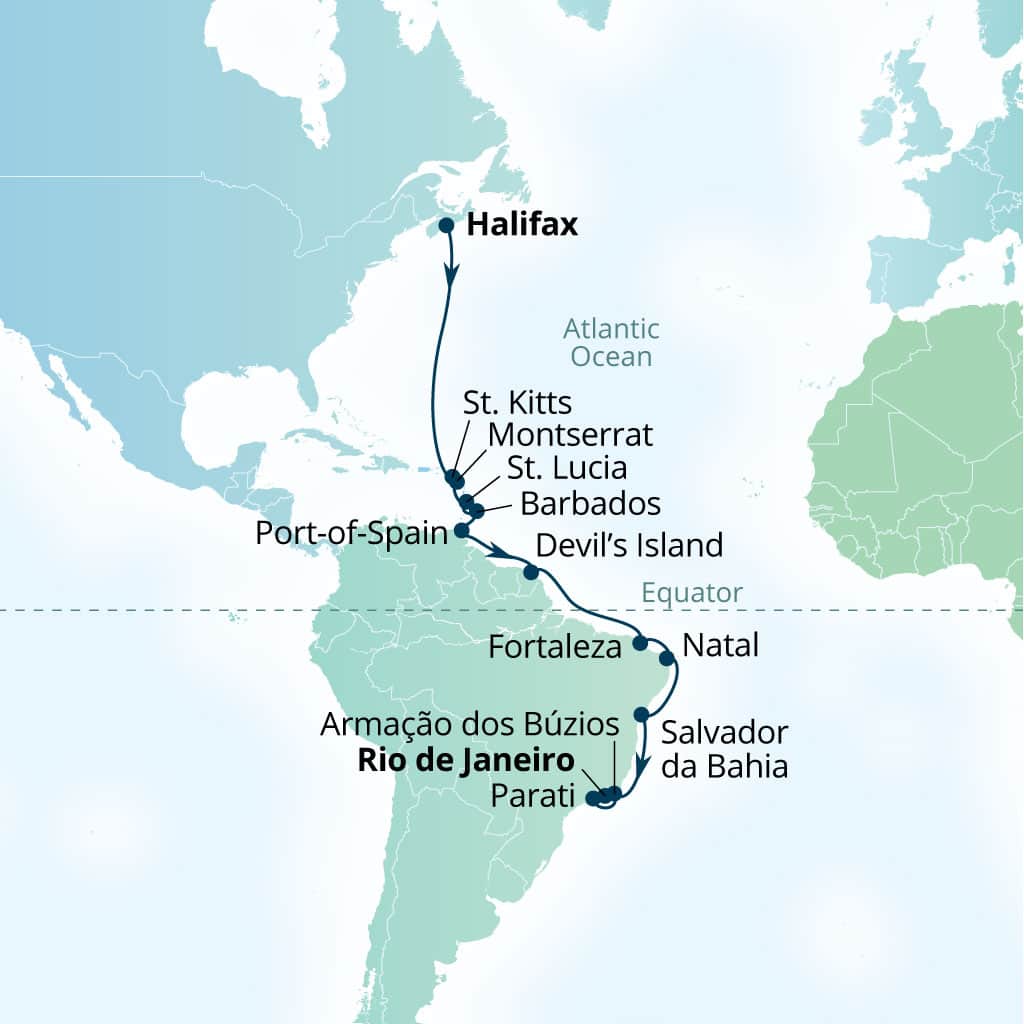Seabourn Venture 24-day Halifax, Nova Scotia, Canada to Rio de Janeiro, Brazil itinerary map, October 5-29 2026
