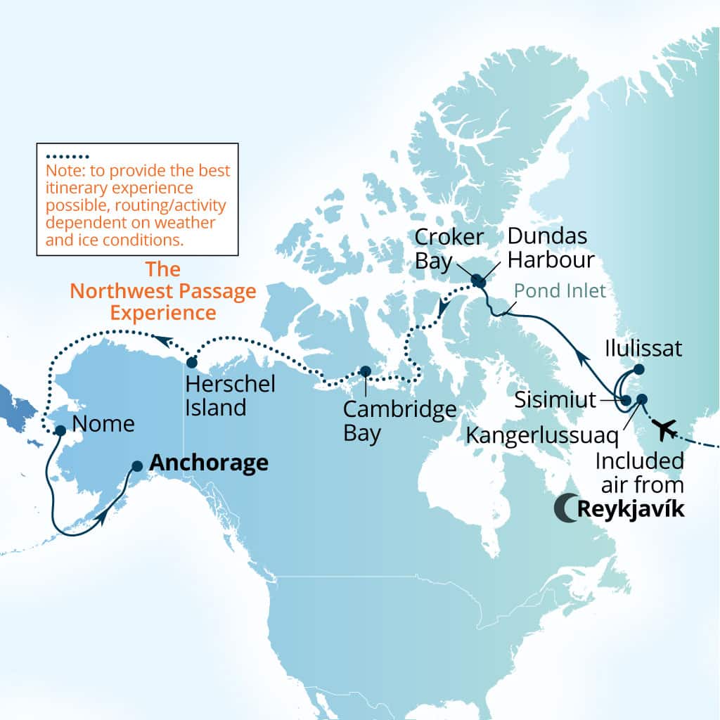 Seabourn Venture 24-day Reykjavik, Iceland to Anchorage, Alaska, US itinerary map, August 5-29 2026
