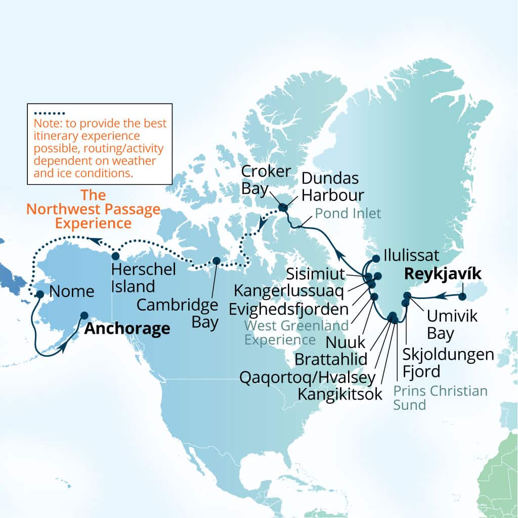 Seabourn Venture 34-day Reykjavik, Iceland to Anchorage, Alaska, US itinerary map, July 26-August 29 2026