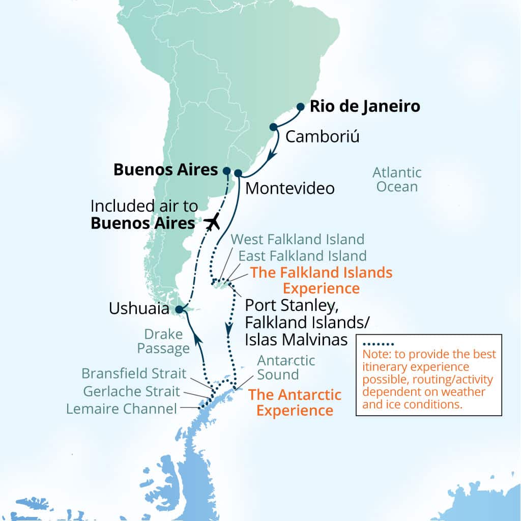 Seabourn Venture 21-day Rio de Janeiro, Brazil to EZEIZA INTERNATIONAL AIRPORT itinerary map, October 29-November 19 2026