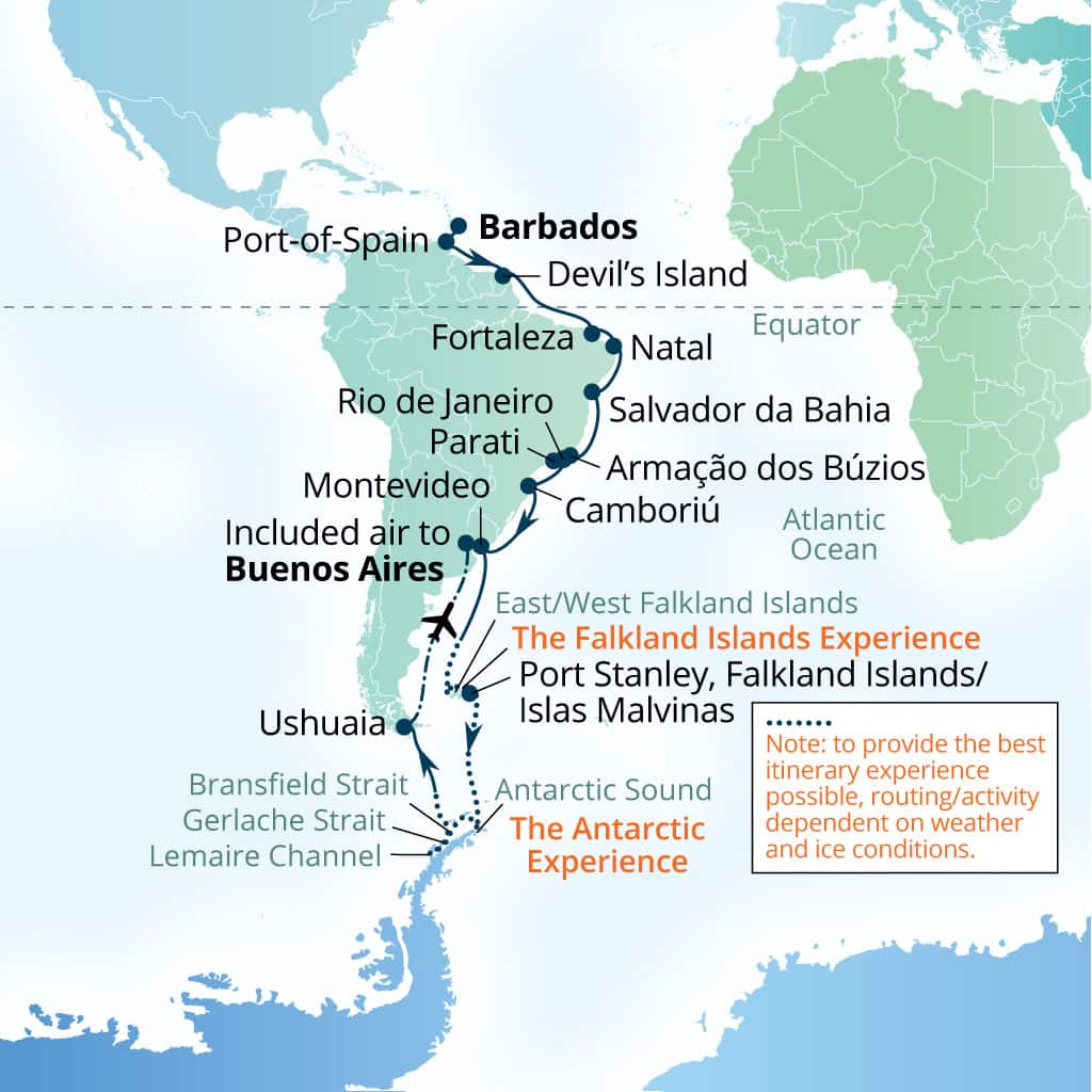 Seabourn Venture 37-day Bridgetown, Barbados to EZEIZA INTERNATIONAL AIRPORT itinerary map, October 13-November 19 2026