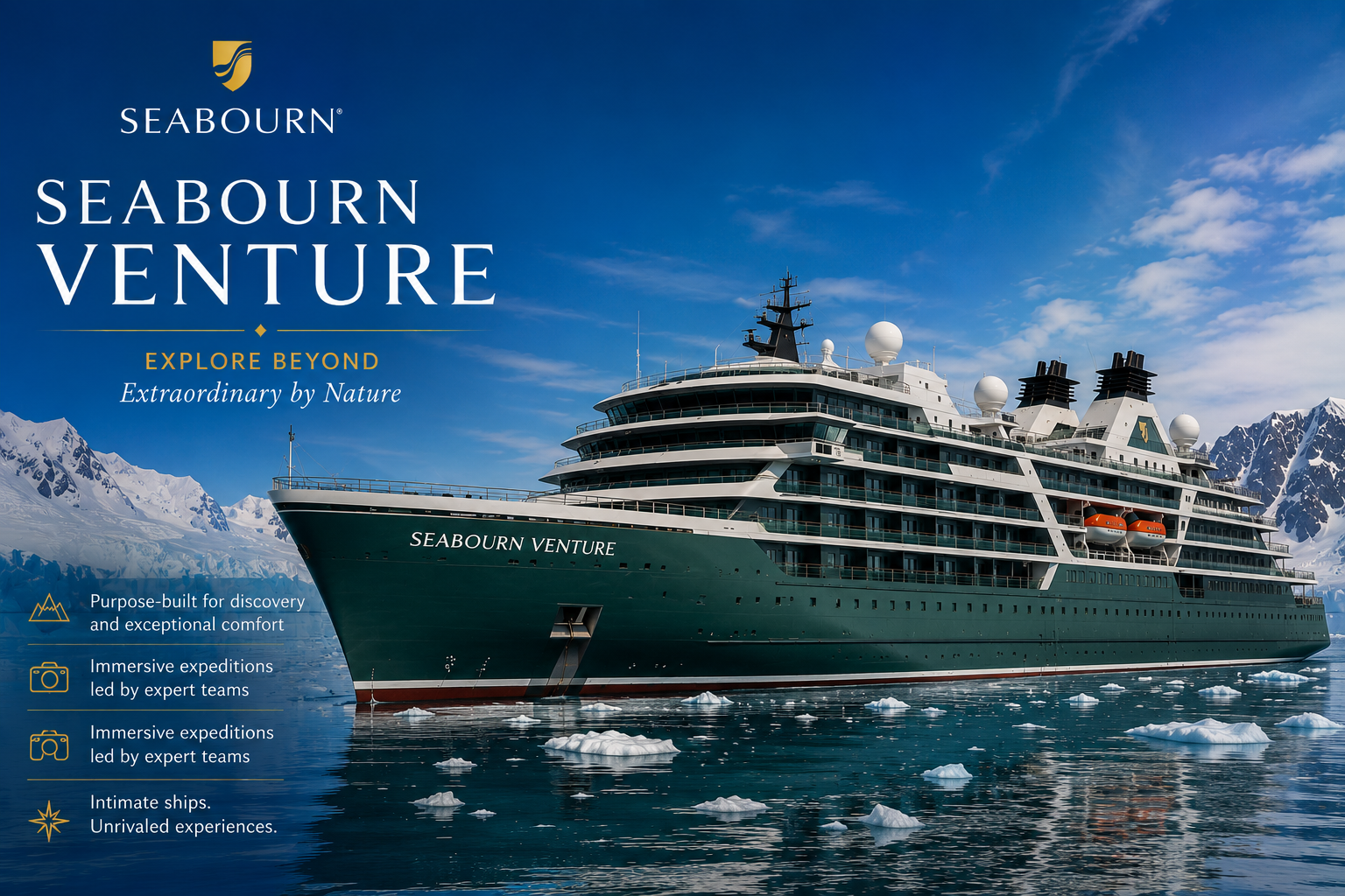 Seabourn Venture luxury expedition cruise ship with Deluxe Cruises