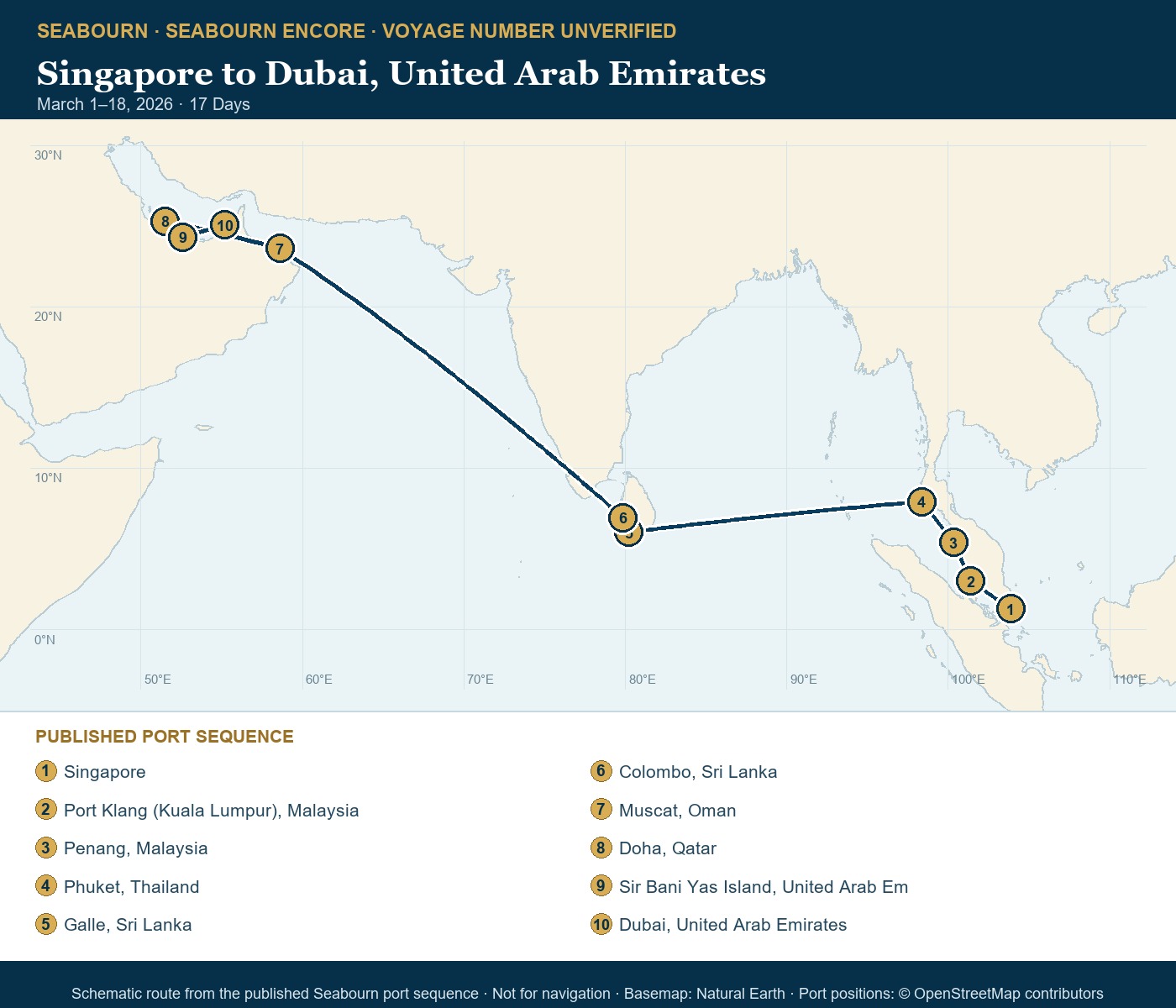 Seabourn Encore voyage number unverified Singapore to Dubai, United Arab Emirates itinerary map