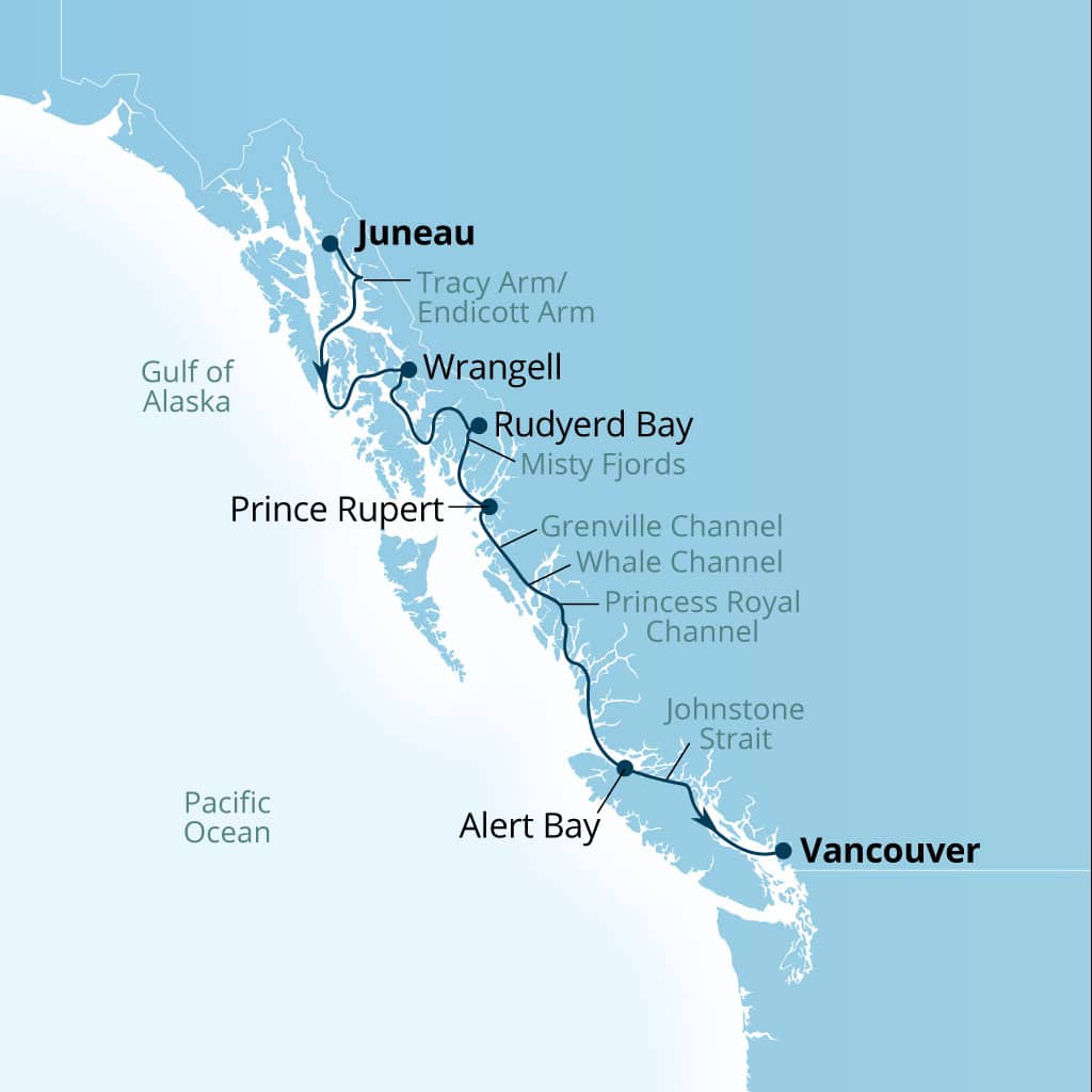 Seabourn Encore 7-day Juneau, Alaska, US to Vancouver, B.C., CA itinerary map, August 28-September 4 2026