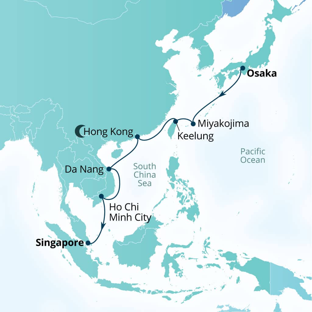 Seabourn Encore 14-day Osaka, Japan to Singapore itinerary map, November 15-29 2026