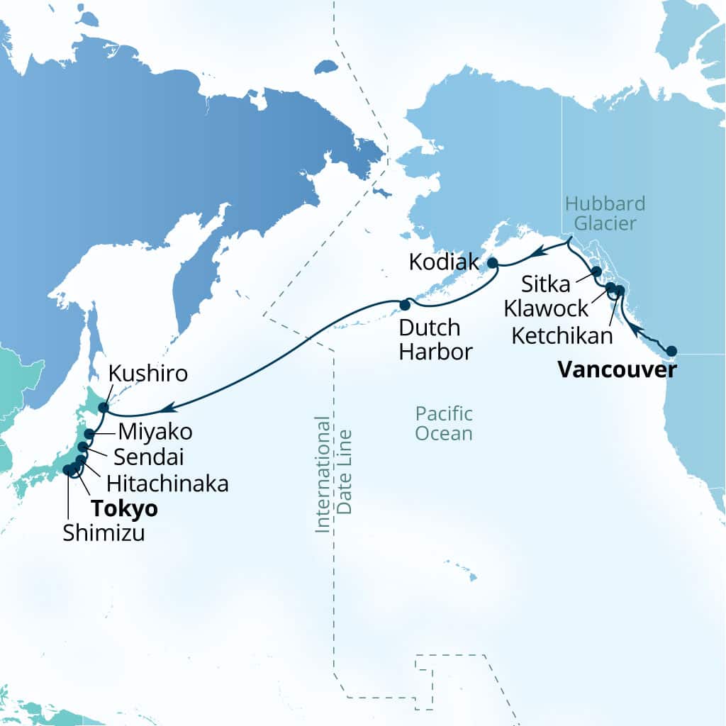 Seabourn Encore 21-day Vancouver, B.C., CA to Tokyo, Japan itinerary map, September 18-October 10 2026