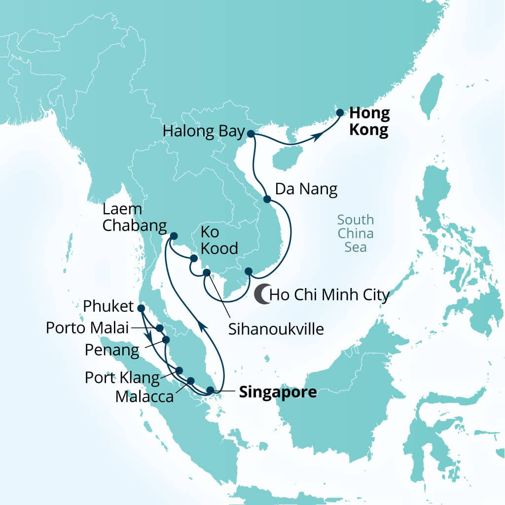 Seabourn Encore 22-day Singapore to Hong Kong, China itinerary map, December 13-January 4 2027