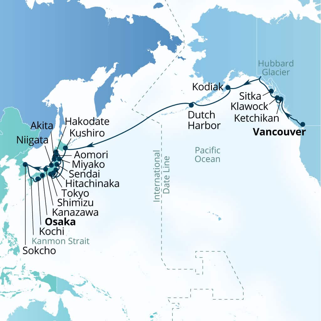 Seabourn Encore 33-day Vancouver, B.C., CA to Osaka, Japan itinerary map, September 18-October 22 2026