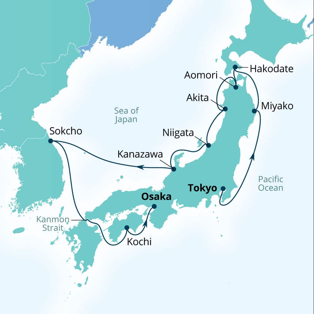Seabourn Encore 12-day Tokyo, Japan to Osaka, Japan itinerary map, October 10-22 2026