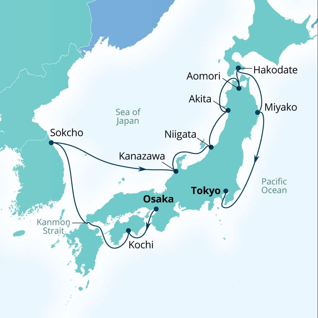 Seabourn Encore 12-day Osaka, Japan to Tokyo, Japan itinerary map, October 22-November 3 2026