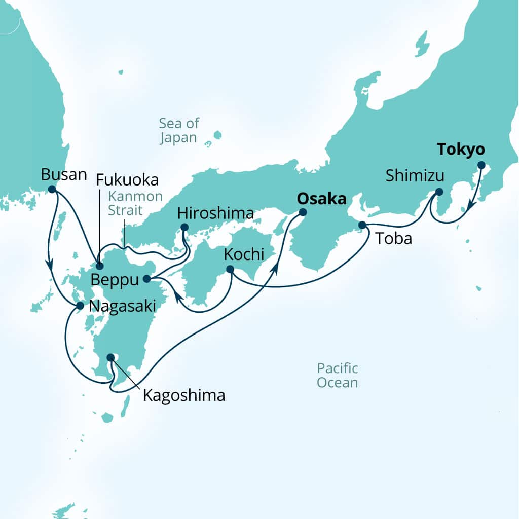 Seabourn Encore 12-day Tokyo, Japan to Osaka, Japan itinerary map, November 3-15 2026