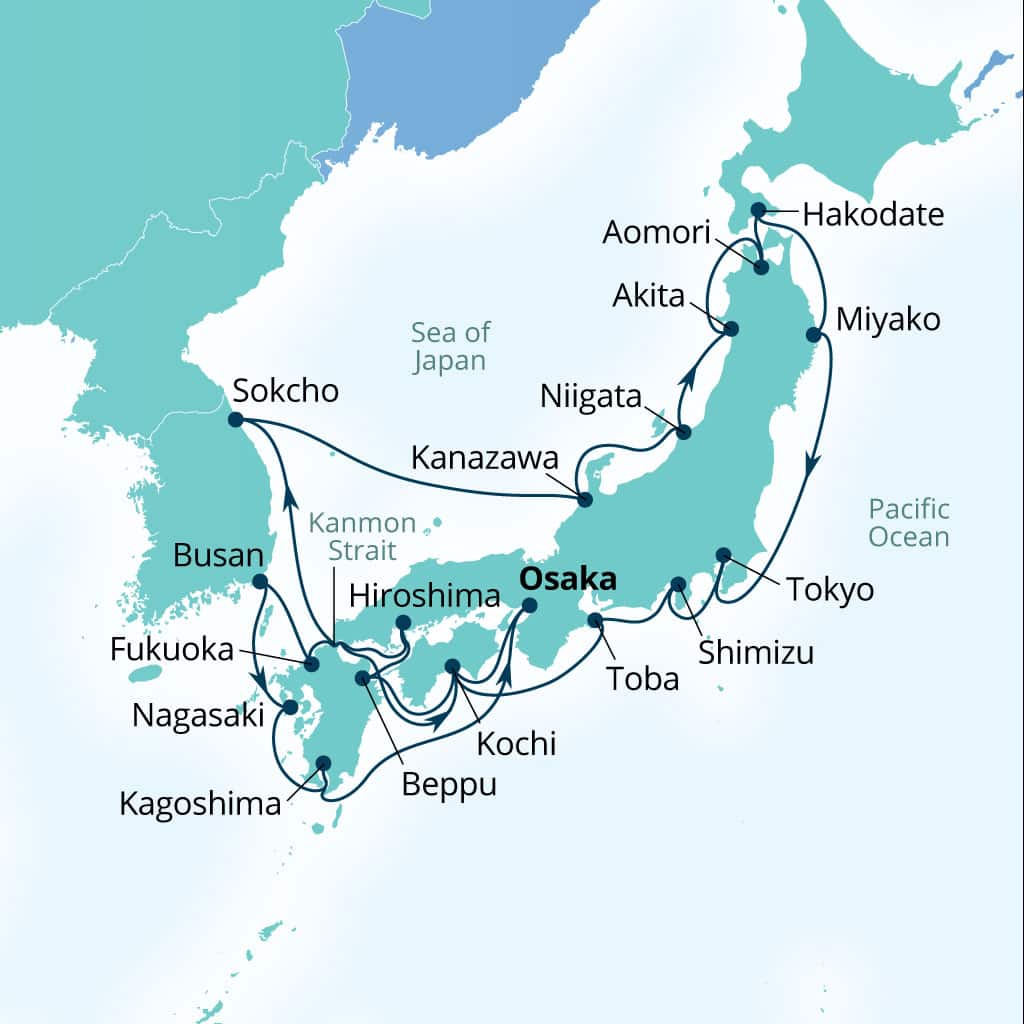 Seabourn Encore 24-day Osaka, Japan to Osaka, Japan itinerary map, October 22-November 15 2026