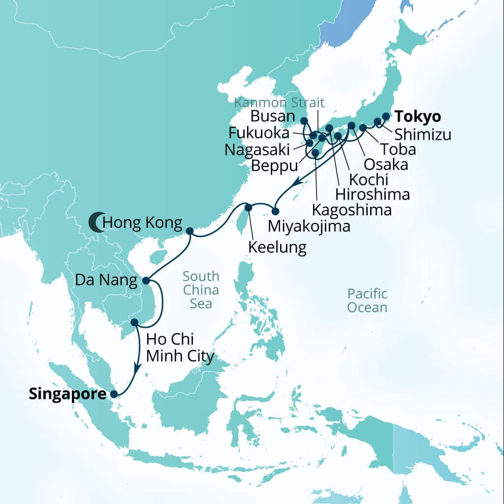 Seabourn Encore 26-day Tokyo, Japan to Singapore itinerary map, November 3-29 2026
