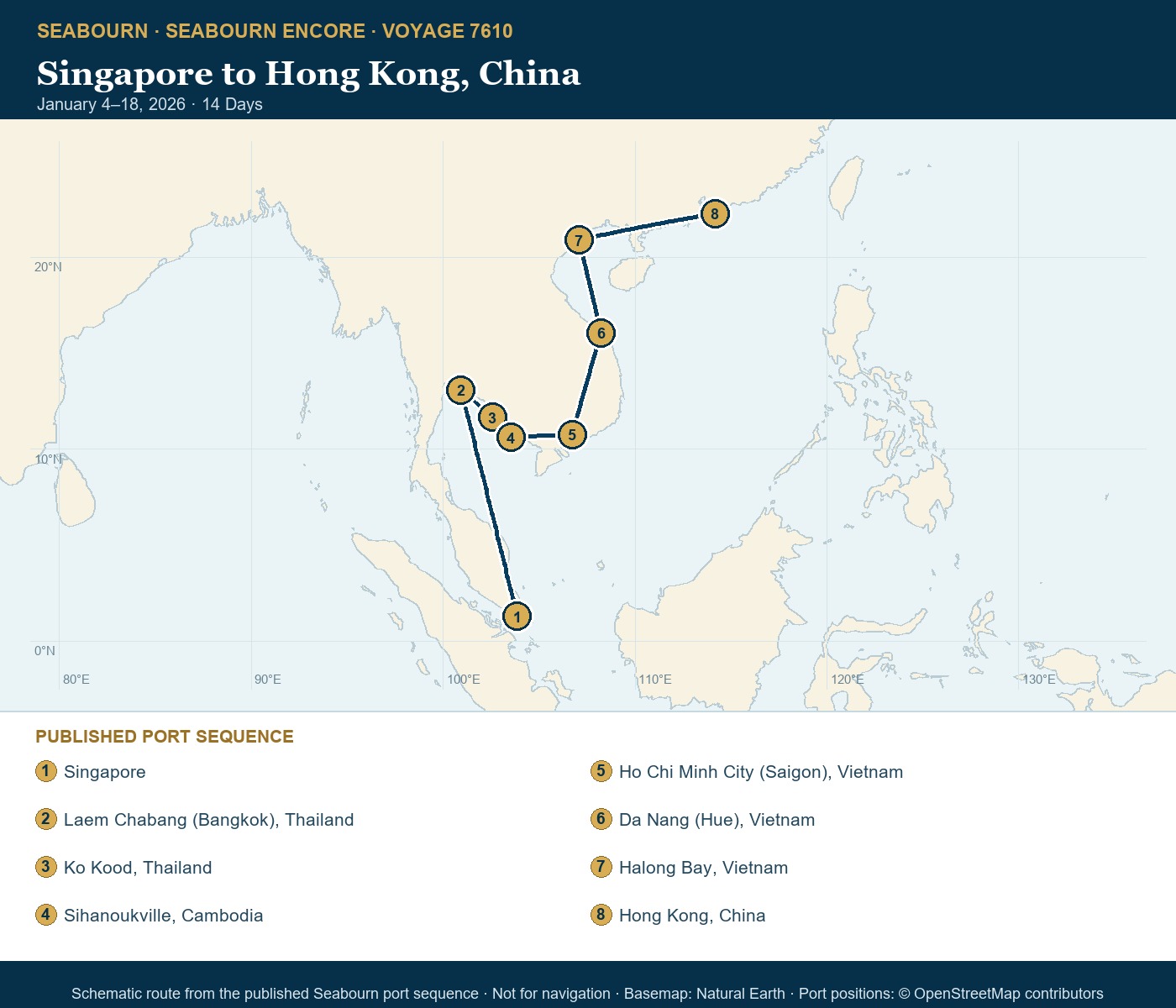 Seabourn Encore Voyage 7610 Singapore to Hong Kong, China itinerary map