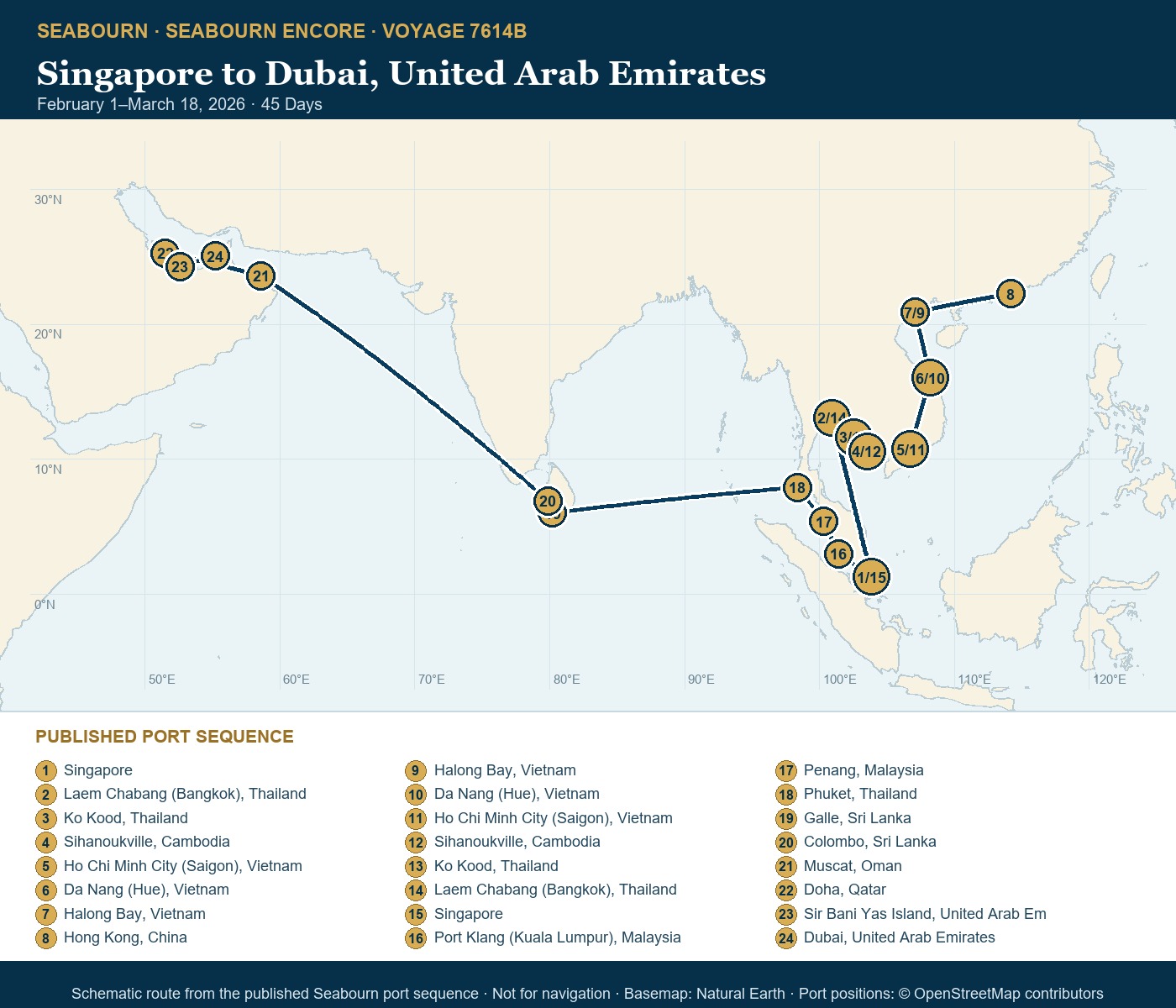 Seabourn Encore Voyage 7614B Singapore to Dubai, United Arab Emirates itinerary map