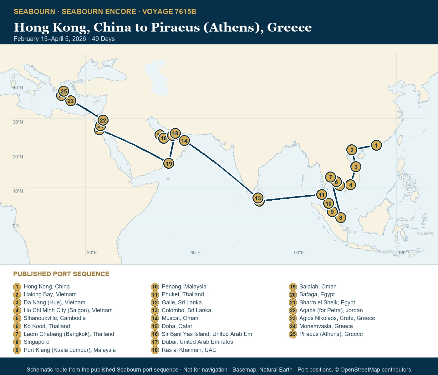 Seabourn Encore Voyage 7615B Hong Kong, China to Piraeus (Athens), Greece itinerary map