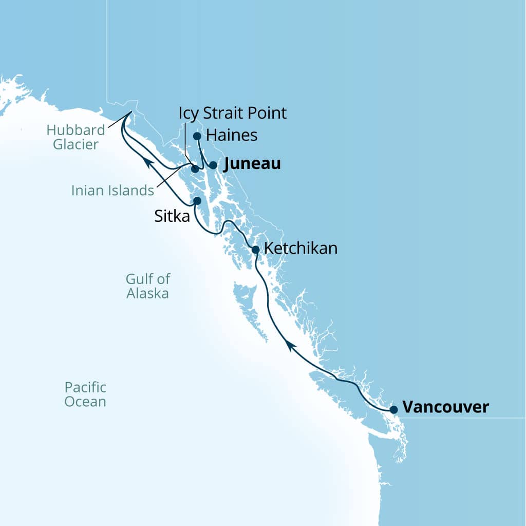 Seabourn Encore 7-day Vancouver, B.C., CA to Juneau, Alaska, US itinerary map, August 6-13 2027