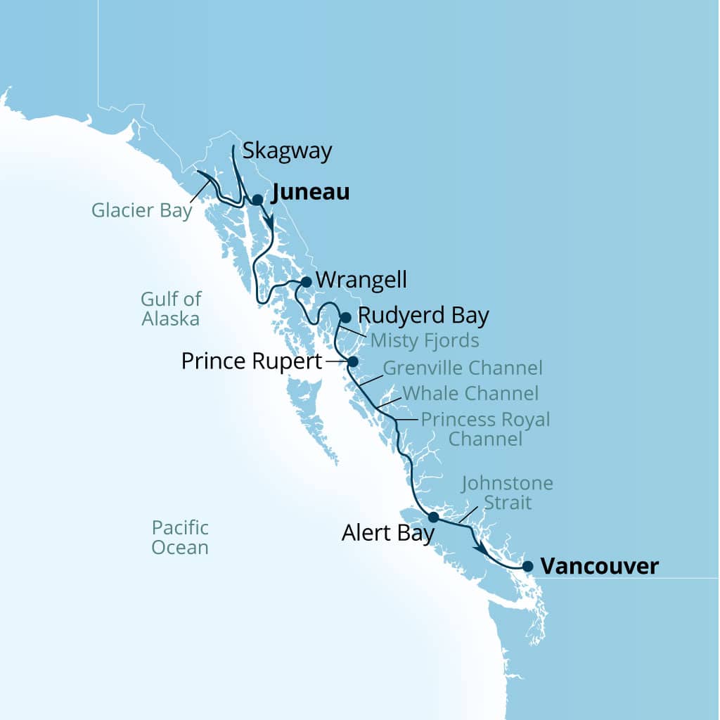 Seabourn Encore 8-day Juneau, Alaska, US to Vancouver, B.C., CA itinerary map, September 10-18 2027