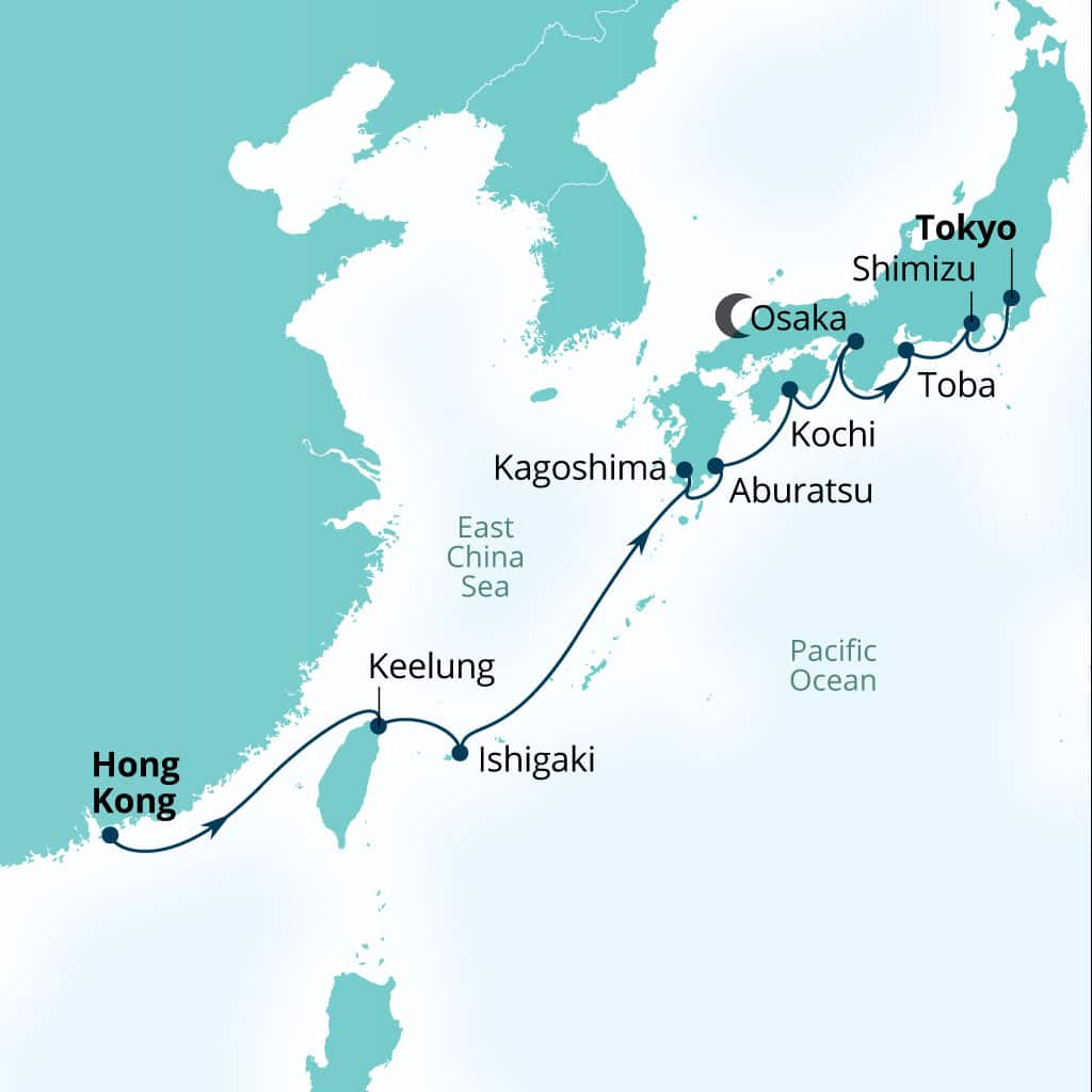 Seabourn Encore 12-day Hong Kong, China to Tokyo, Japan itinerary map, February 15-27 2027