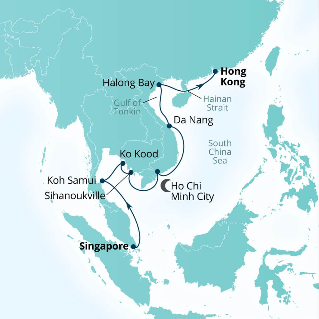 Seabourn Encore 14-day Singapore to Hong Kong, China itinerary map, December 20-January 3 2028