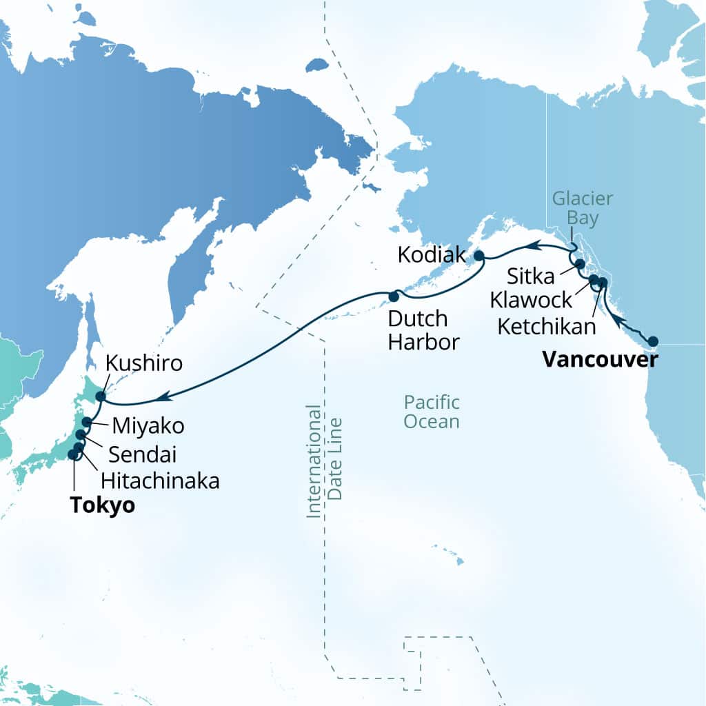 Seabourn Encore 20-day Vancouver, B.C., CA to Tokyo, Japan itinerary map, September 18-October 9 2027