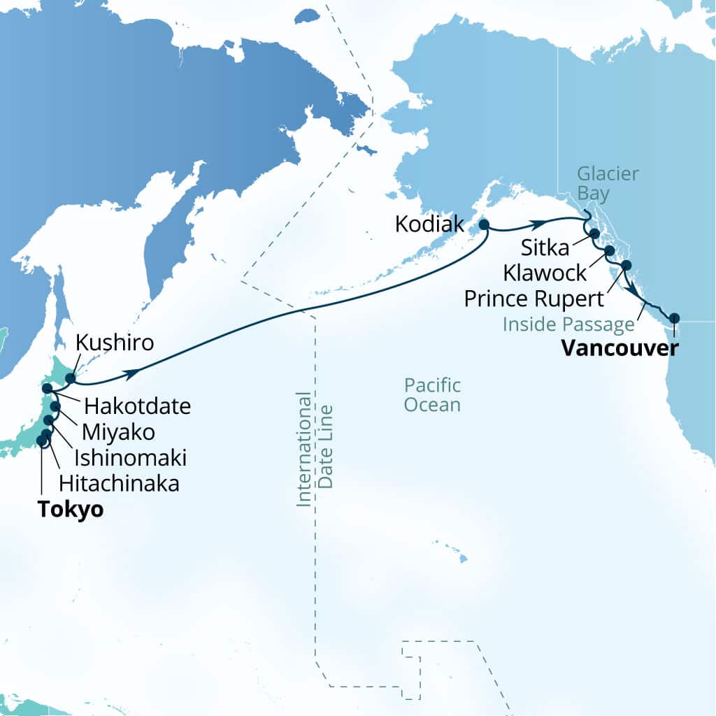 Seabourn Encore 21-day Tokyo, Japan to Vancouver, B.C., CA itinerary map, April 24-May 14 2027