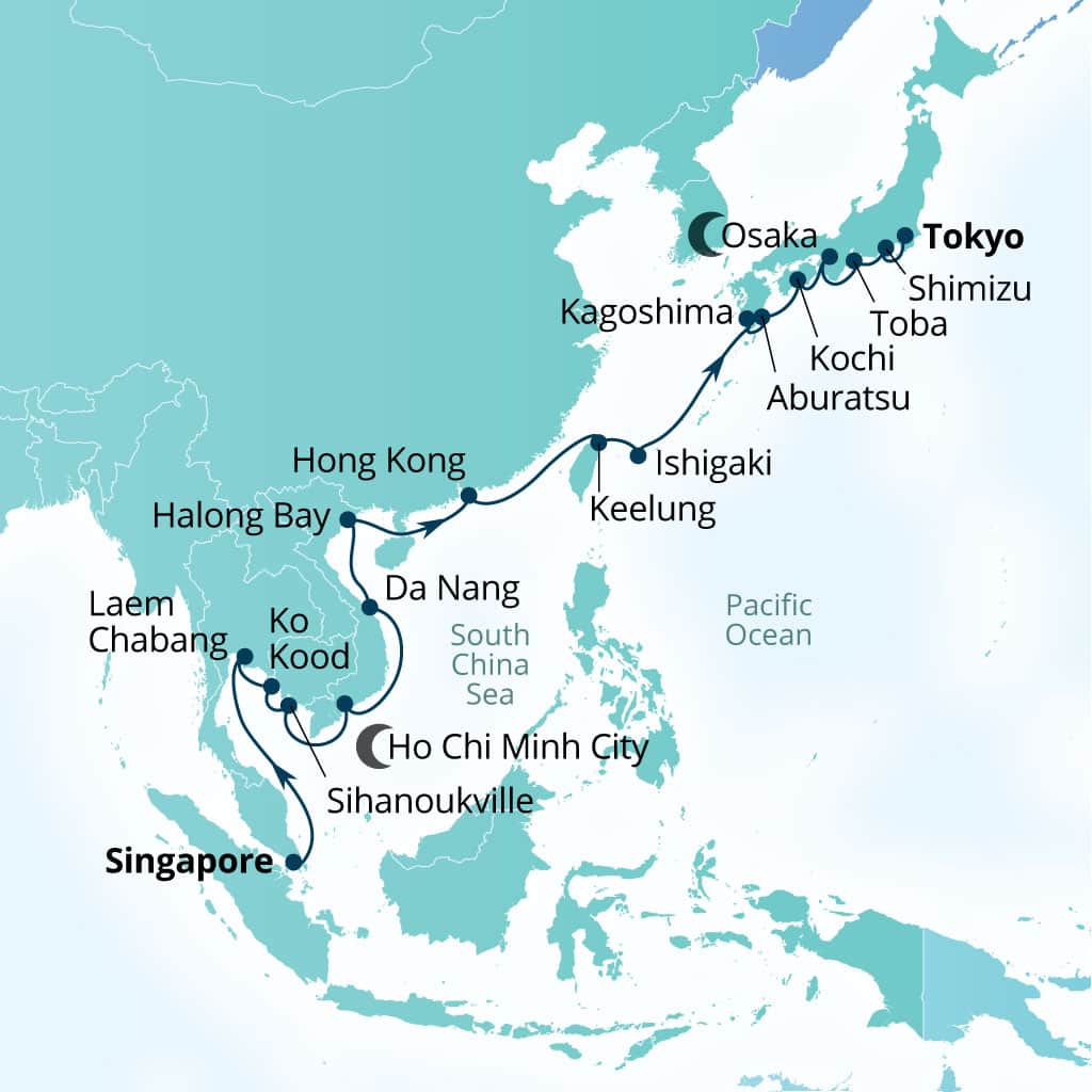 Seabourn Encore 26-day Singapore to Tokyo, Japan itinerary map, February 1-27 2027