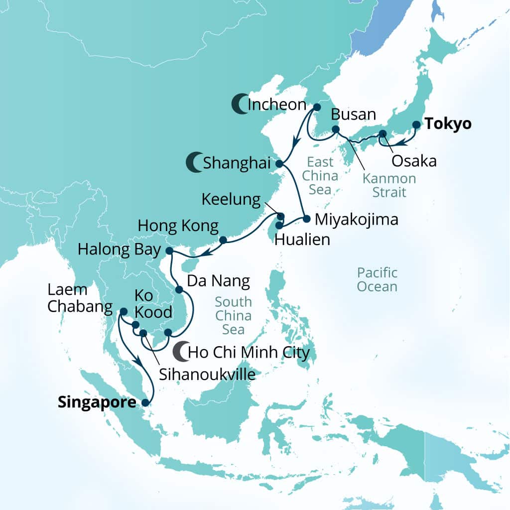 Seabourn Encore 30-day Tokyo, Japan to Singapore itinerary map, November 20-December 20 2027
