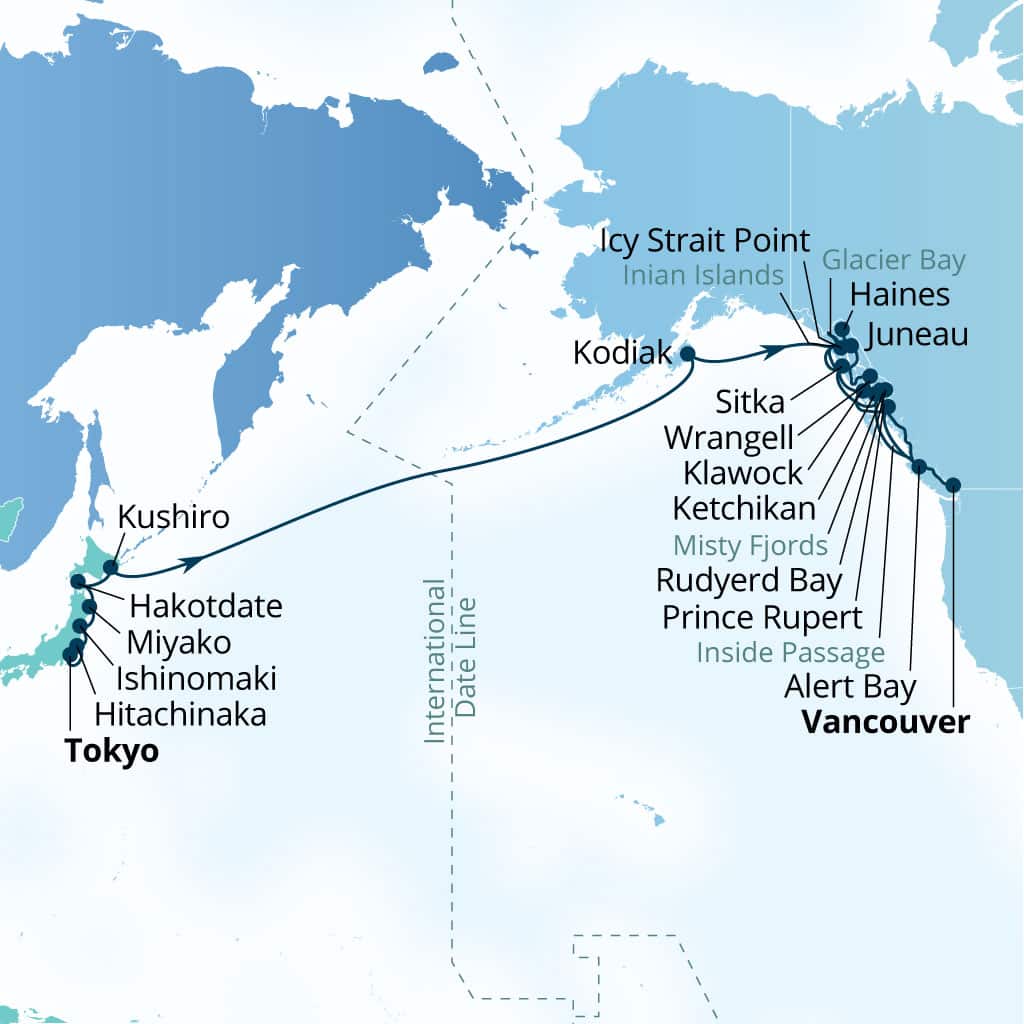 Seabourn Encore 35-day Tokyo, Japan to Vancouver, B.C., CA itinerary map, April 24-May 28 2027