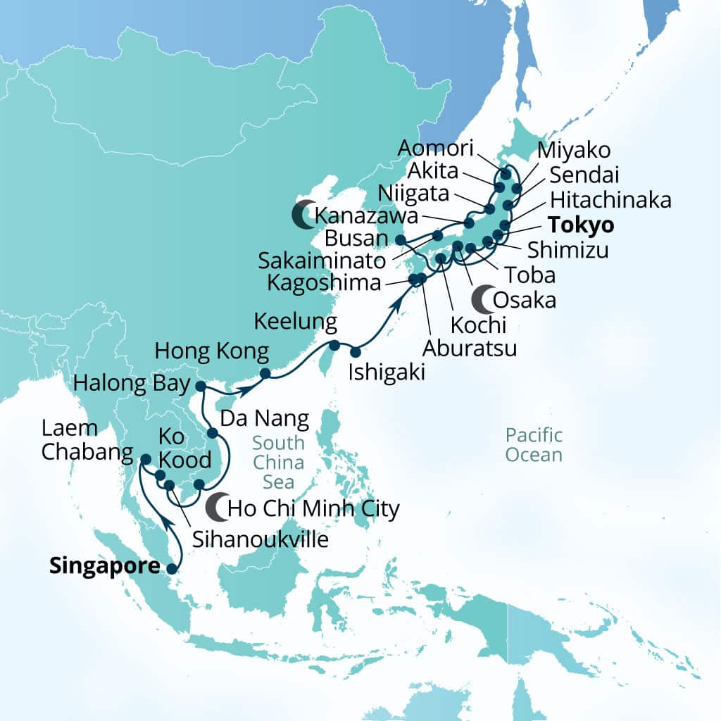 Seabourn Encore 40-day Singapore to Tokyo, Japan itinerary map, February 1-March 13 2027