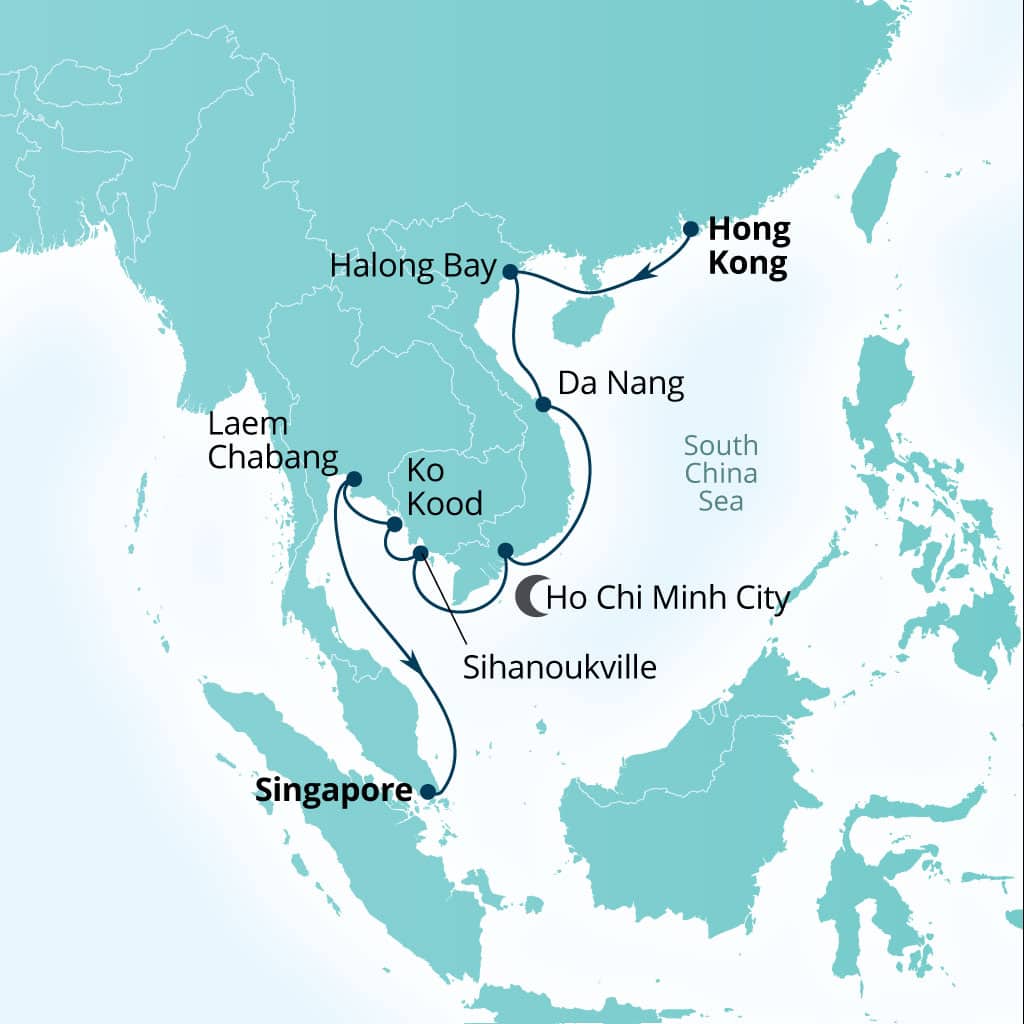 Seabourn Encore 14-day Hong Kong, China to Singapore itinerary map, January 4-18 2027