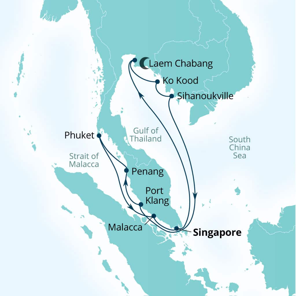Seabourn Encore 14-day Singapore to Singapore itinerary map, January 18-February 1 2027