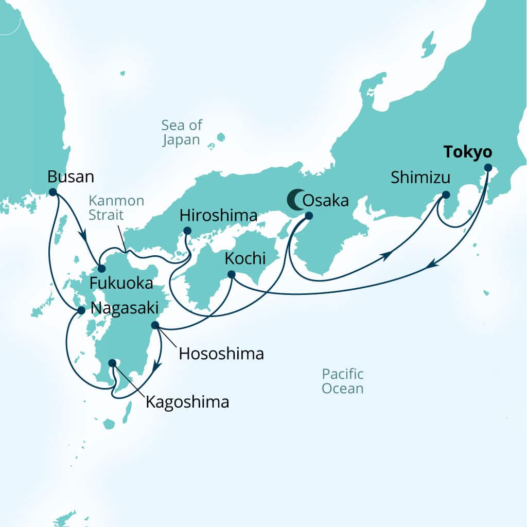 Seabourn Encore 14-day Tokyo, Japan to Tokyo, Japan itinerary map, March 27-April 10 2027