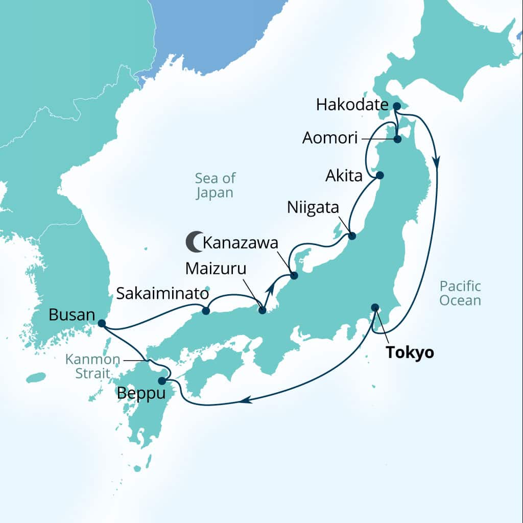 Seabourn Encore 14-day Tokyo, Japan to Tokyo, Japan itinerary map, April 10-24 2027