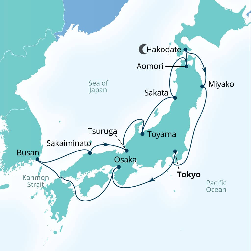 Seabourn Encore 14-day Tokyo, Japan to Tokyo, Japan itinerary map, October 9-23 2027