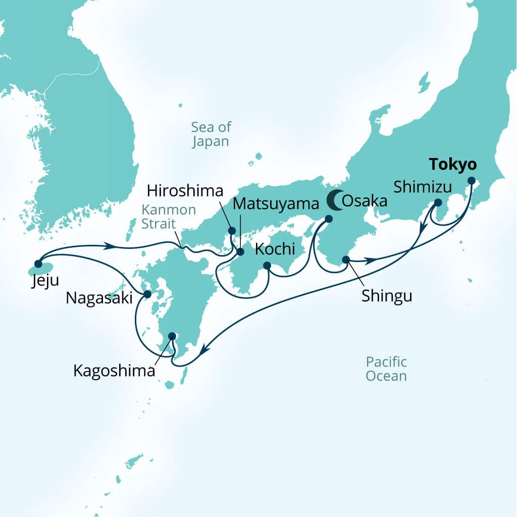 Seabourn Encore 14-day Tokyo, Japan to Tokyo, Japan itinerary map, November 6-20 2027