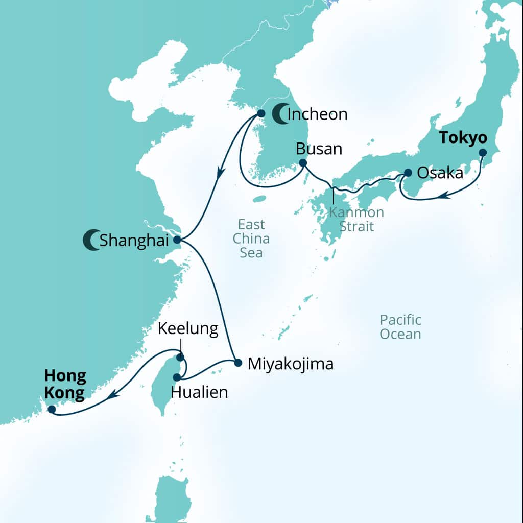 Seabourn Encore 16-day Tokyo, Japan to Hong Kong, China itinerary map, November 20-December 6 2027
