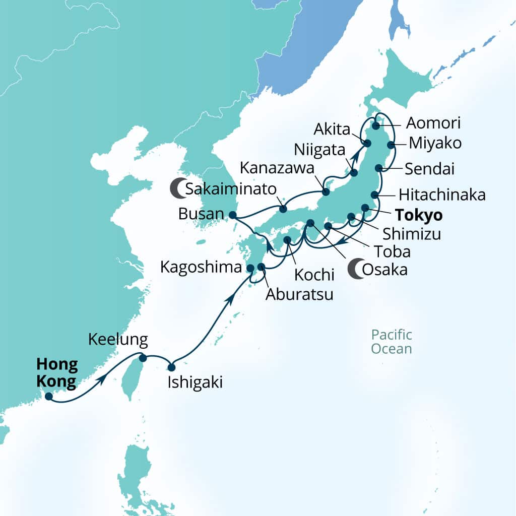 Seabourn Encore 26-day Hong Kong, China to Tokyo, Japan itinerary map, February 15-March 13 2027