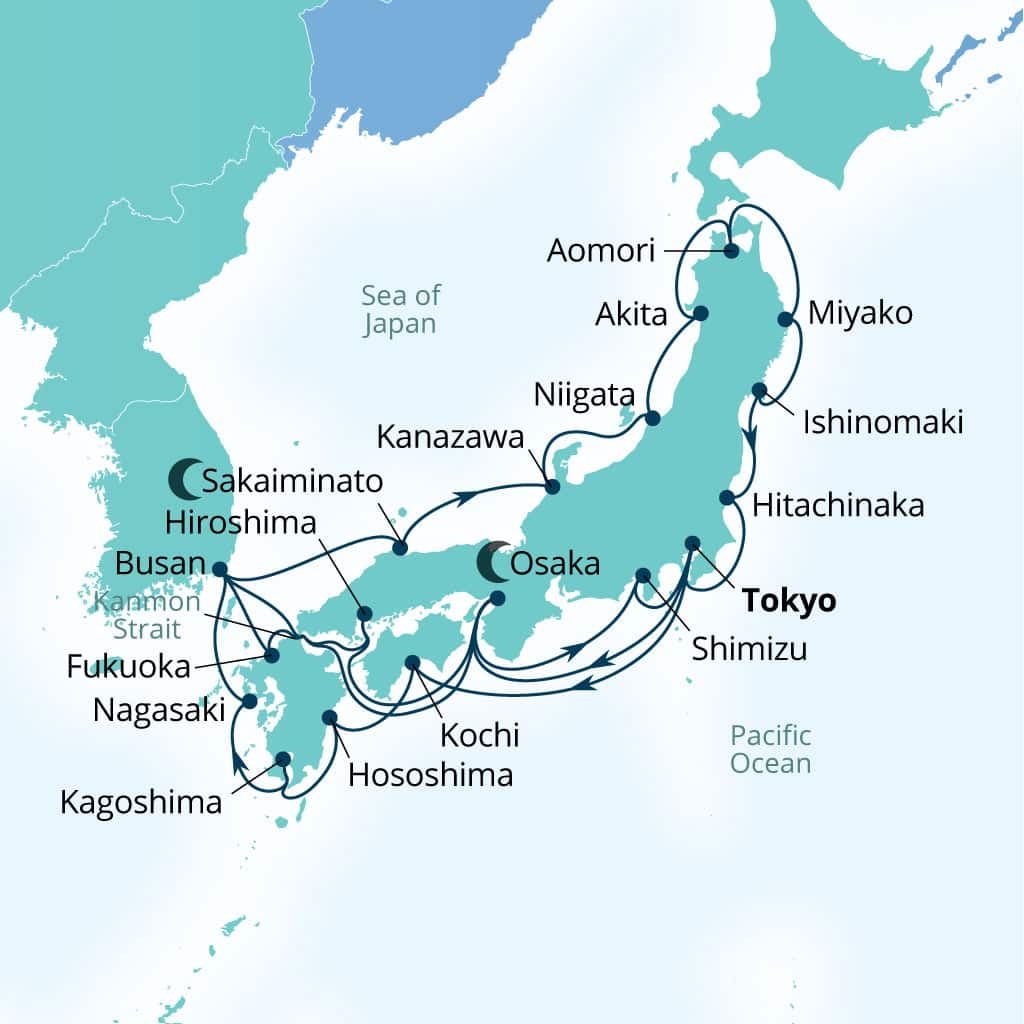 Seabourn Encore 28-day Tokyo, Japan to Tokyo, Japan itinerary map, February 27-March 27 2027