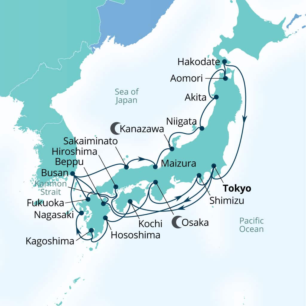 Seabourn Encore 28-day Tokyo, Japan to Tokyo, Japan itinerary map, March 27-April 24 2027