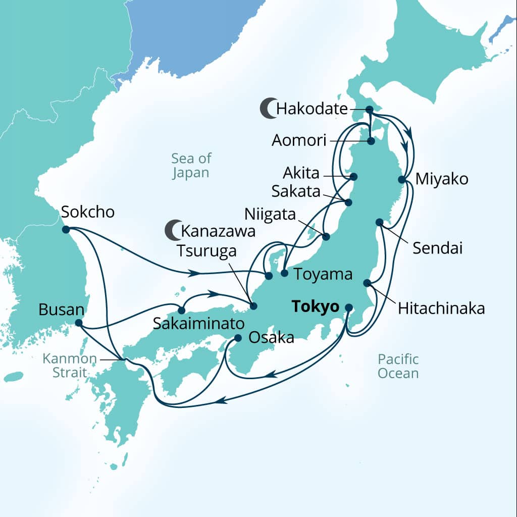 Seabourn Encore 28-day Tokyo, Japan to Tokyo, Japan itinerary map, October 9-November 6 2027