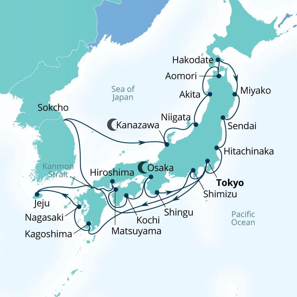 Seabourn Encore 28-day Tokyo, Japan to Tokyo, Japan itinerary map, October 23-November 20 2027