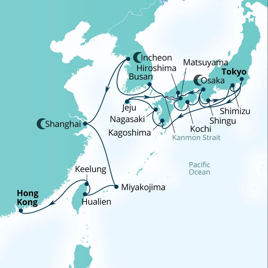 Seabourn Encore 30-day Tokyo, Japan to Hong Kong, China itinerary map, November 6-December 6 2027
