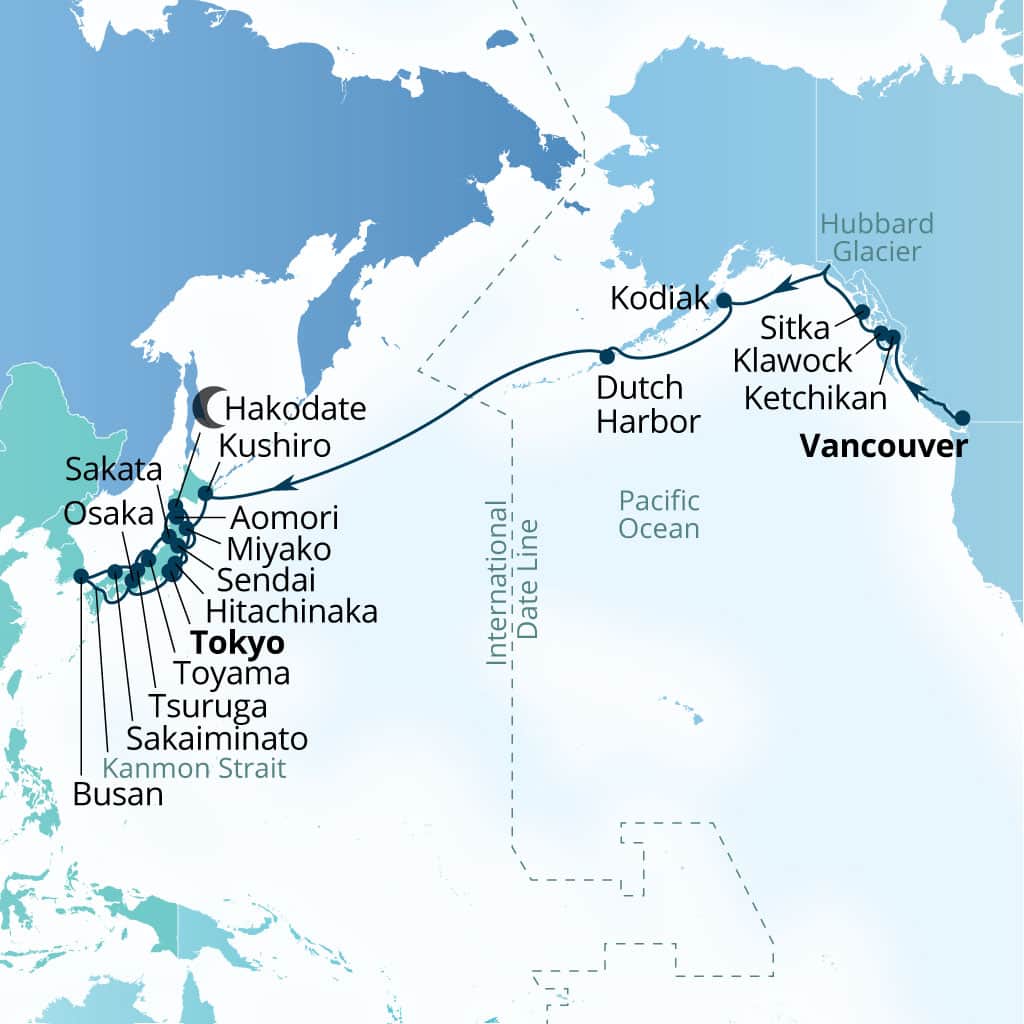 Seabourn Encore 34-day Vancouver, B.C., CA to Tokyo, Japan itinerary map, September 18-October 23 2027