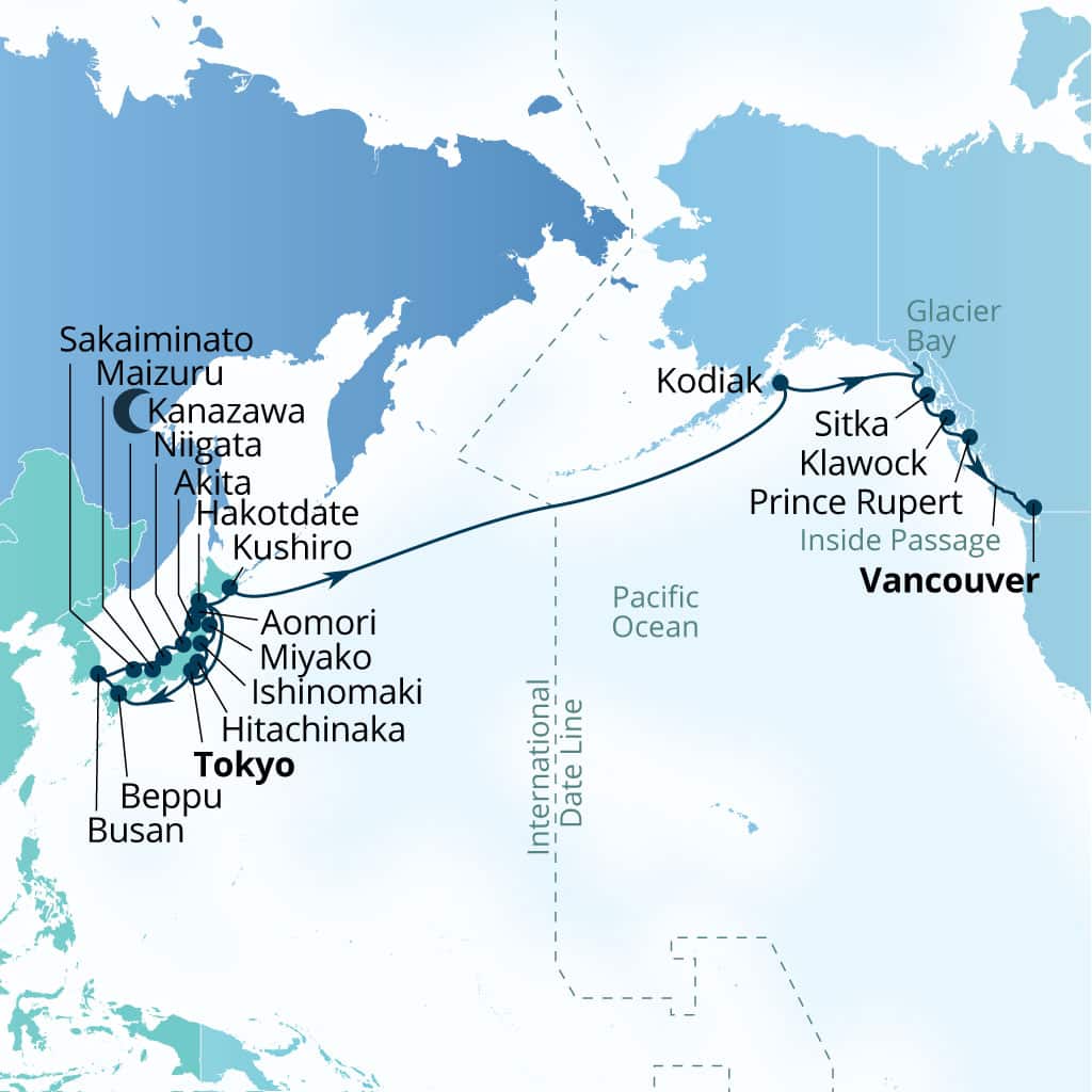 Seabourn Encore 35-day Tokyo, Japan to Vancouver, B.C., CA itinerary map, April 10-May 14 2027