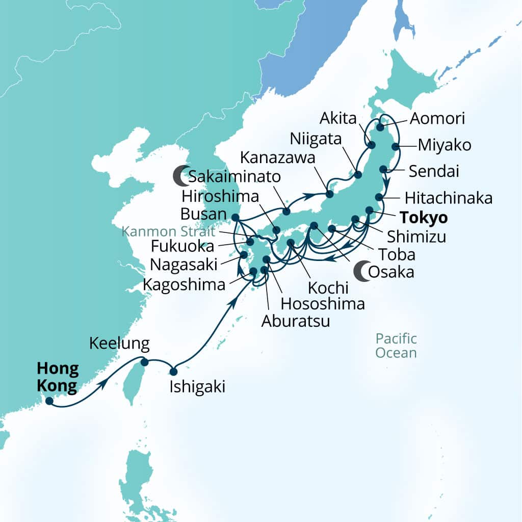Seabourn Encore 40-day Hong Kong, China to Tokyo, Japan itinerary map, February 15-March 27 2027