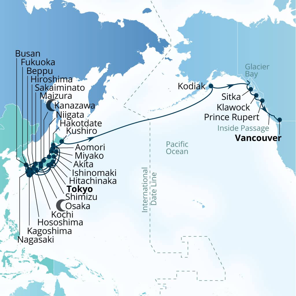 Seabourn Encore 49-day Tokyo, Japan to Vancouver, B.C., CA itinerary map, March 27-May 14 2027