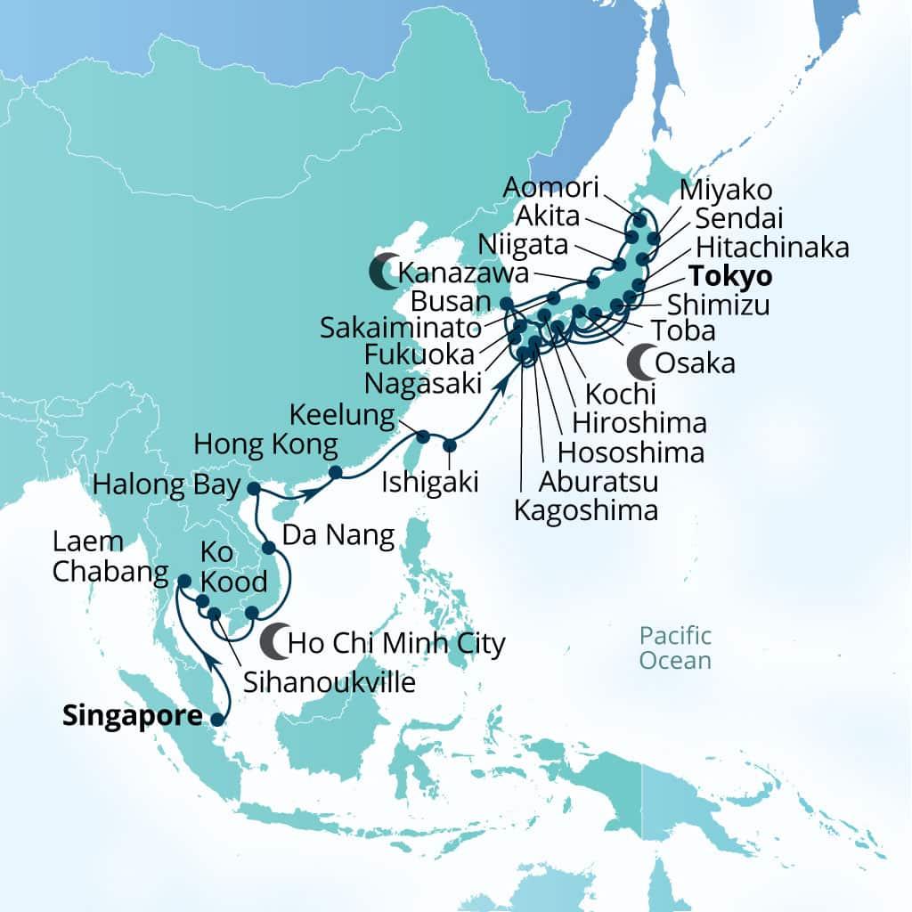 Seabourn Encore 54-day Singapore to Tokyo, Japan itinerary map, February 1-March 27 2027